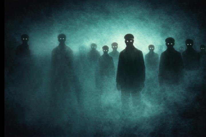 Silhouetted figures with glowing eyes stand in eerie fog.