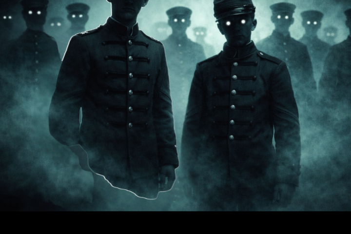 Silhouetted figures in uniforms with glowing eyes in a foggy environment.