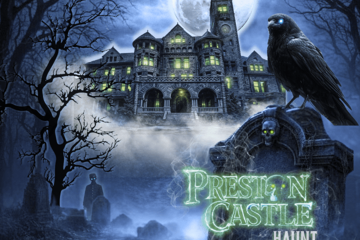 Haunted castle with full moon, eerie trees, raven on gravestone, misty atmosphere, titled 'Preston Castle Haunt'.