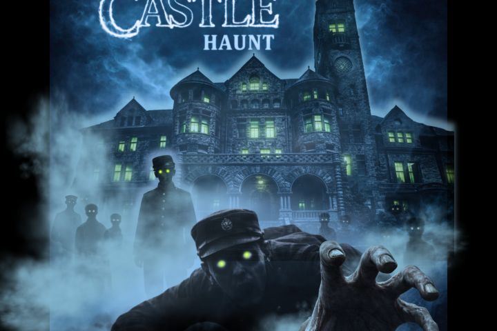 Dark castle with eerie figures and haunting atmosphere at night.