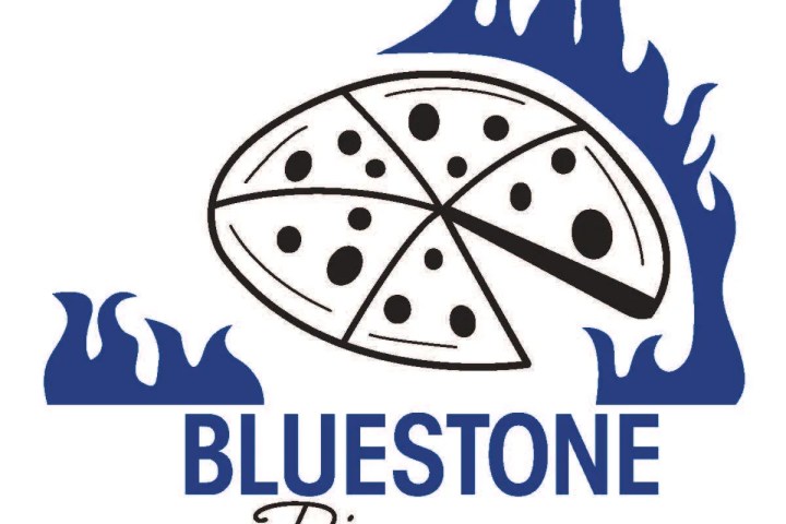 Logo: Bluestone Pizza with blue flames and a sliced pizza.