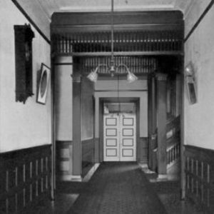 a dining room table in front of a building