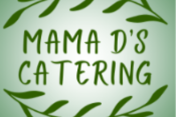 Logo with 'Mama D's Catering' surrounded by leafy branches on green background.