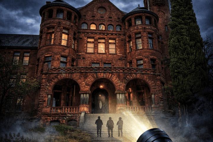 Dramatic image of Preston Castle at night with flashlight beam and people on stairs.