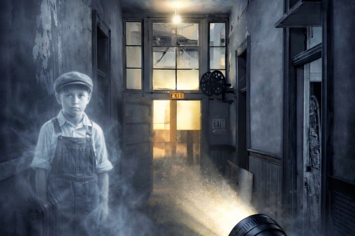 Haunted hallway with ghostly boy, flashlight beam, and 'Legends & Lore' text above.