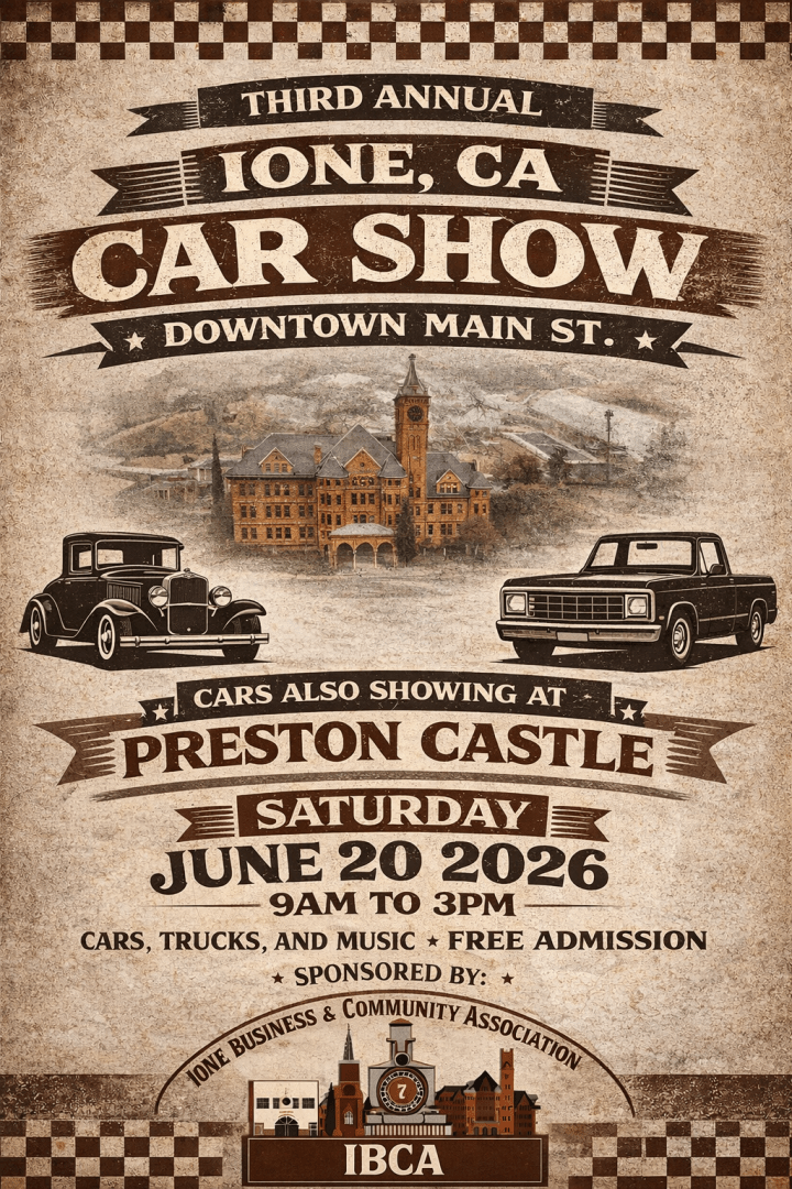 Vintage-style poster for Ione, CA Car Show on June 20, 2026, featuring classic cars and Preston Castle.